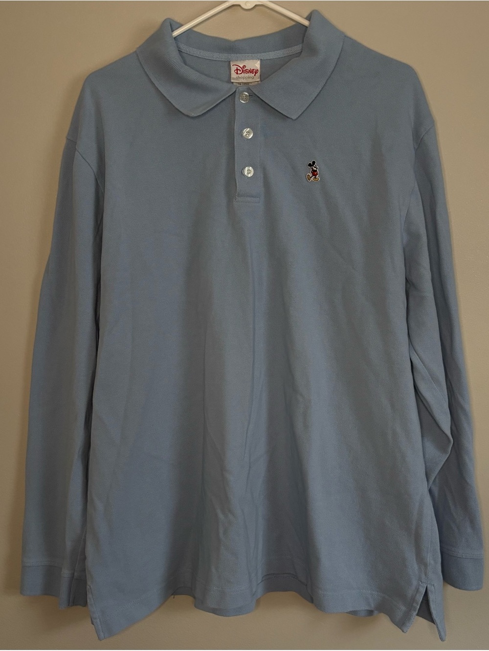 Disney Men's Sky Blue Long-Sleeve Polo with Embroidered Mickey